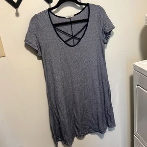 Navy blue striped knit tee shirt dress with criss cross detail